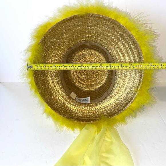 Vintage 1960s Happy Cappers Marabou Feather MCM Retro Mod Straw Hat - Yellow - Picture 10 of 10